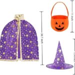 ZGYJ-EU Halloween kostuum voor kinderen, heks tovenaarscape met hoed, pompoen, snoepzak, rekwisieten set voor 3-12 kinderen, jongens meisjes,... - Image 2