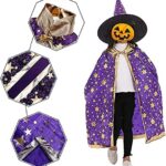 ZGYJ-EU Halloween kostuum voor kinderen, heks tovenaarscape met hoed, pompoen, snoepzak, rekwisieten set voor 3-12 kinderen, jongens meisjes,... - Image 3