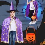 ZGYJ-EU Halloween kostuum voor kinderen, heks tovenaarscape met hoed, pompoen, snoepzak, rekwisieten set voor 3-12 kinderen, jongens meisjes,... - Image 5